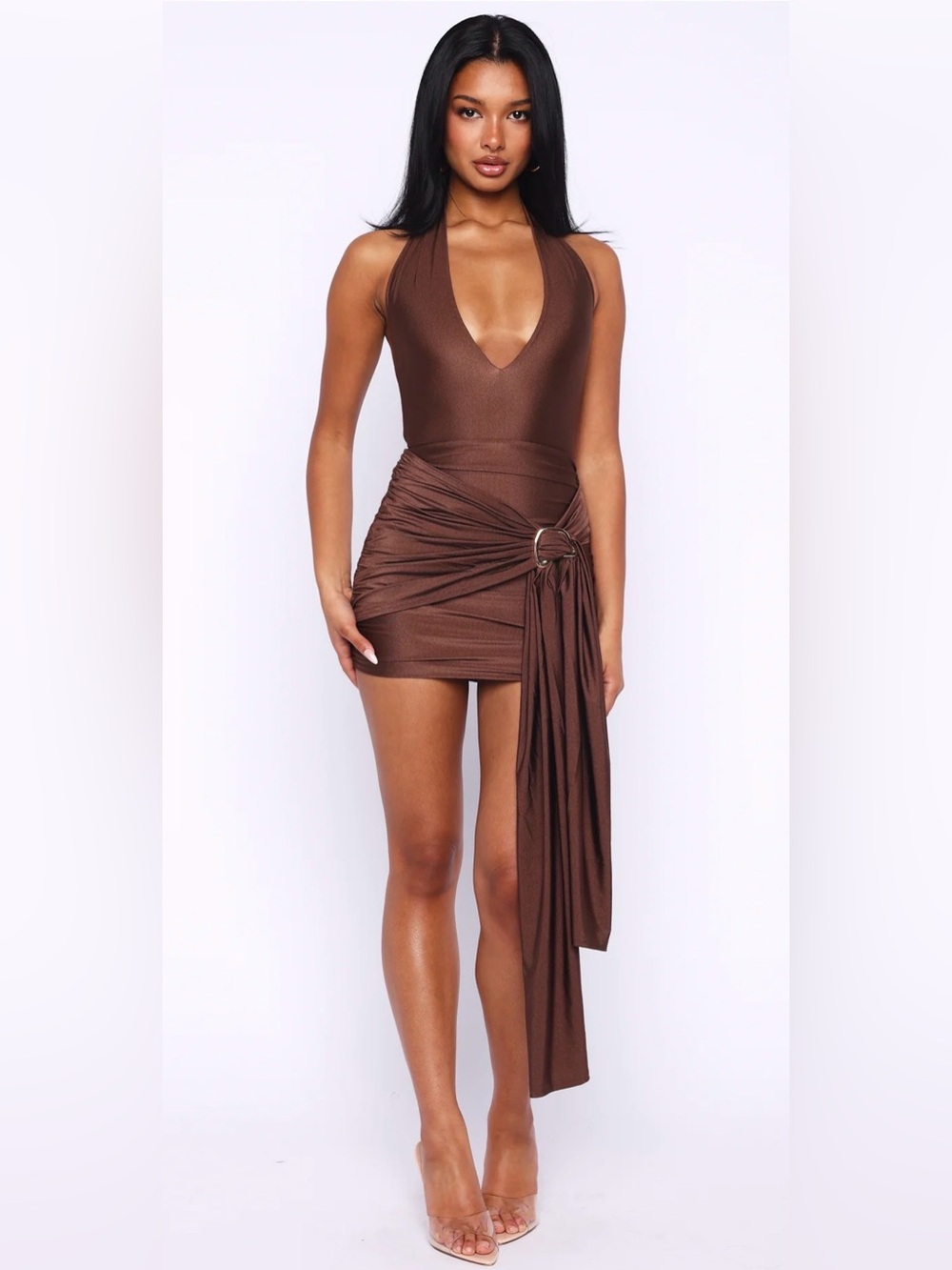 Leaving Paradise Wrap Mini Dress Chocolate